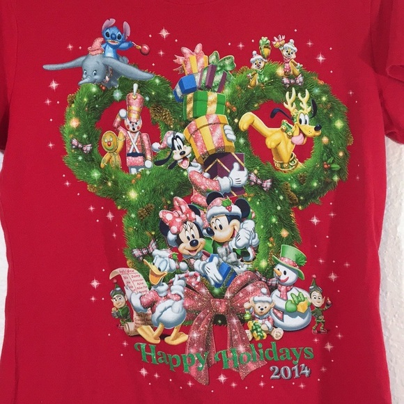 Disney Parks 2014 Christmas Mickey Mouse Minnie Mouse  Red Shirt Size Medium - Picture 1 of 4